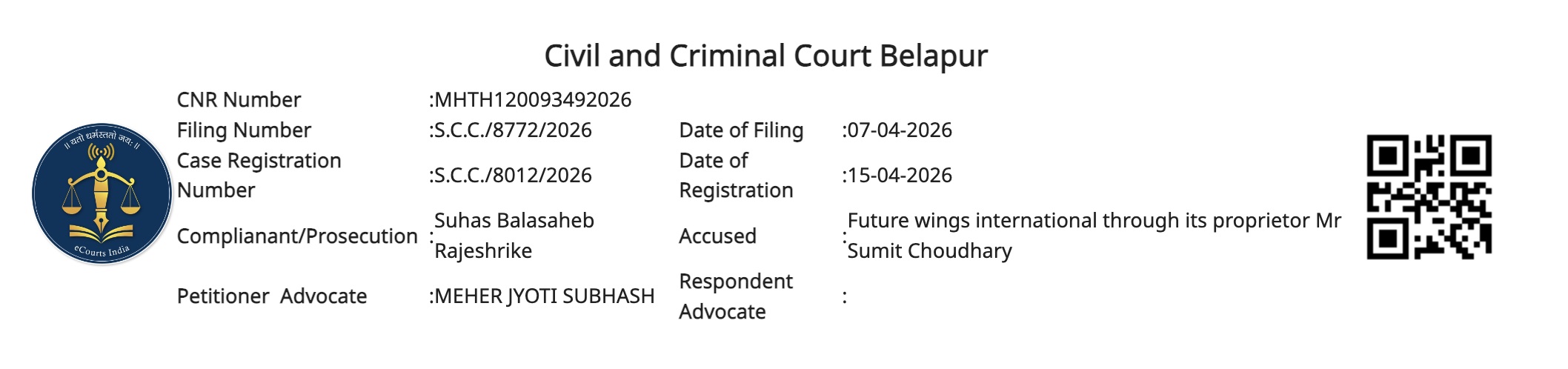 eCourts listing header for CNR MHTH120093492026 at Civil and Criminal Court Belapur, naming Future Wings International through proprietor Mr Sumit Choudhary
