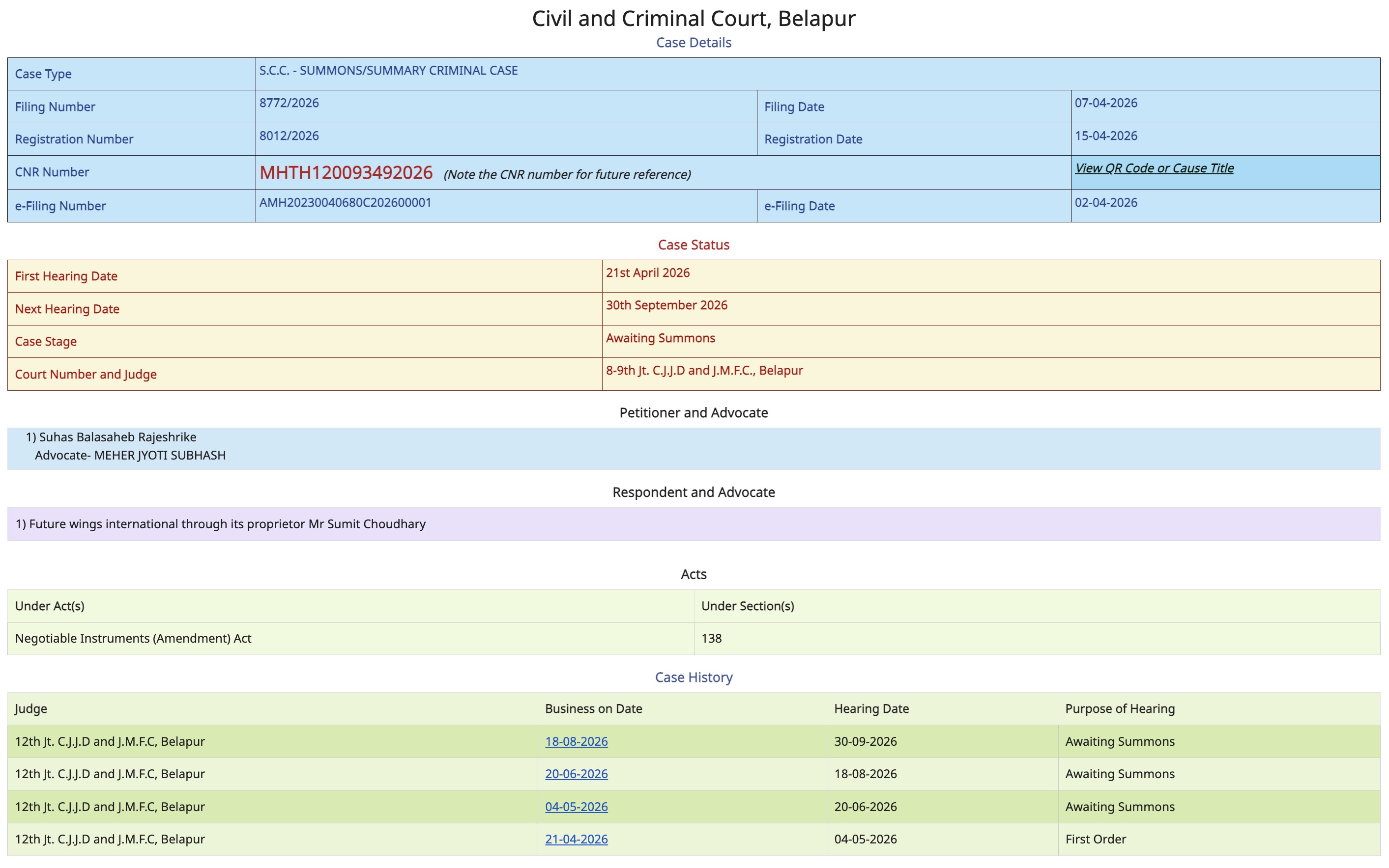 eCourts case status for Section 138 case CNR MHTH120093492026, next hearing 30 September 2026, stage awaiting summons