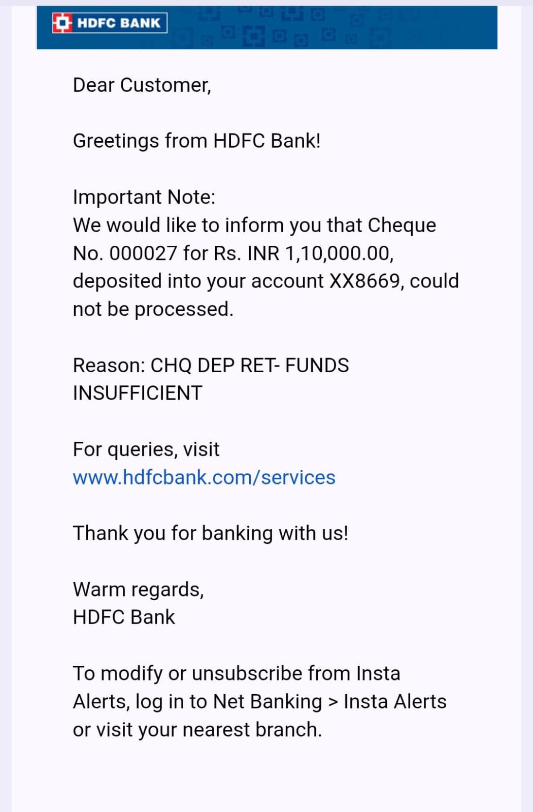 HDFC Bank alert that cheque number 000027 for 1 lakh 10 thousand rupees bounced for insufficient funds