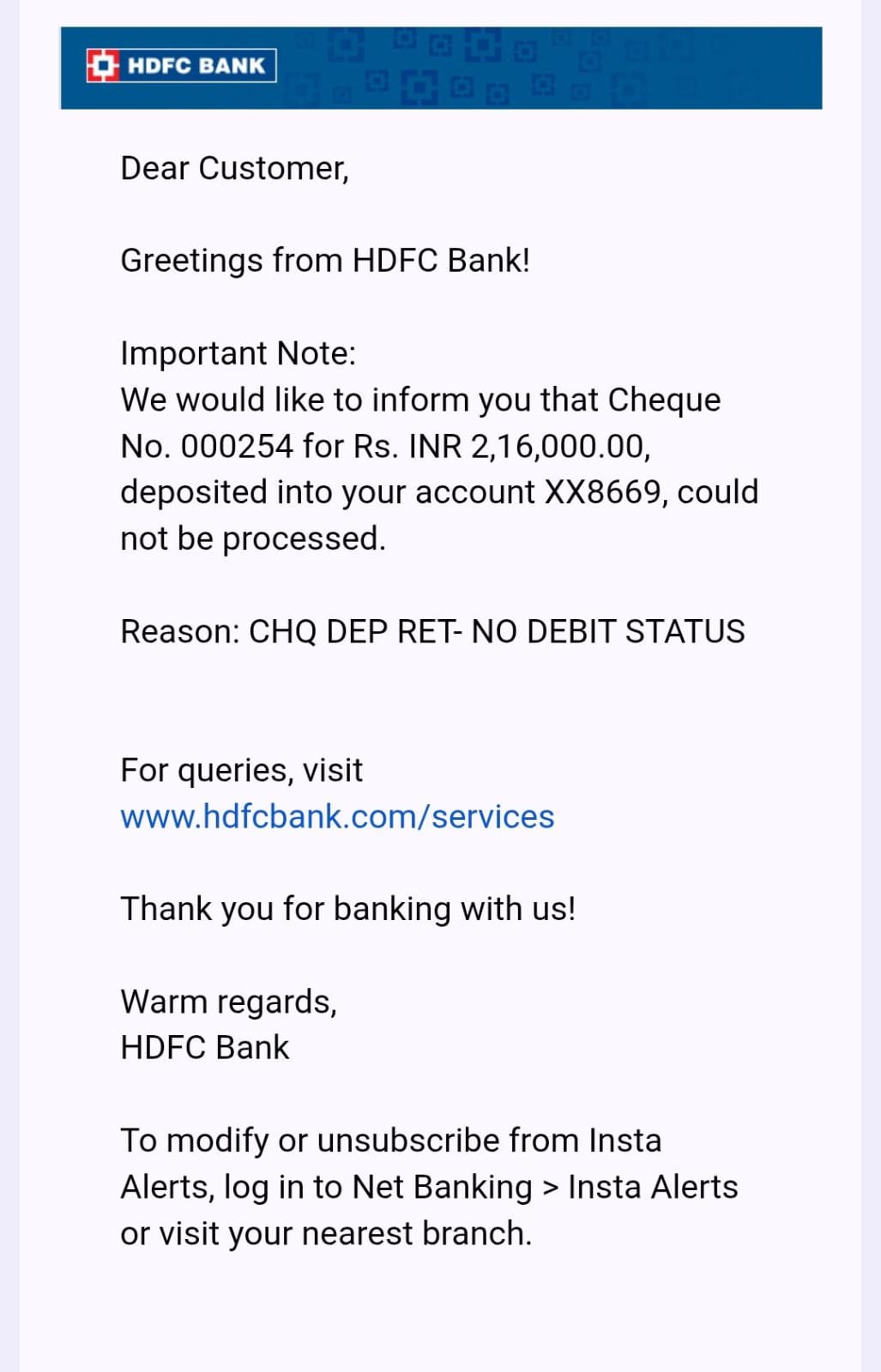 HDFC Bank alert that cheque number 000254 for 2 lakh 16 thousand rupees bounced with no debit status on the account