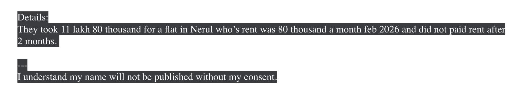 Redacted customer email reporting 11 lakh 80 thousand for a Nerul flat