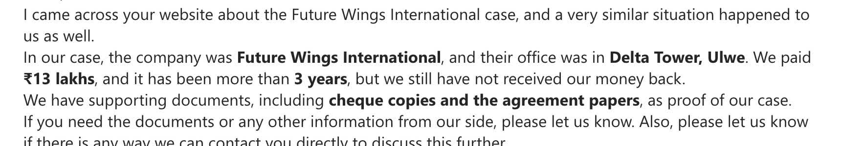 Redacted customer email reporting 13 lakh paid at Future Wings International, Delta Tower Ulwe
