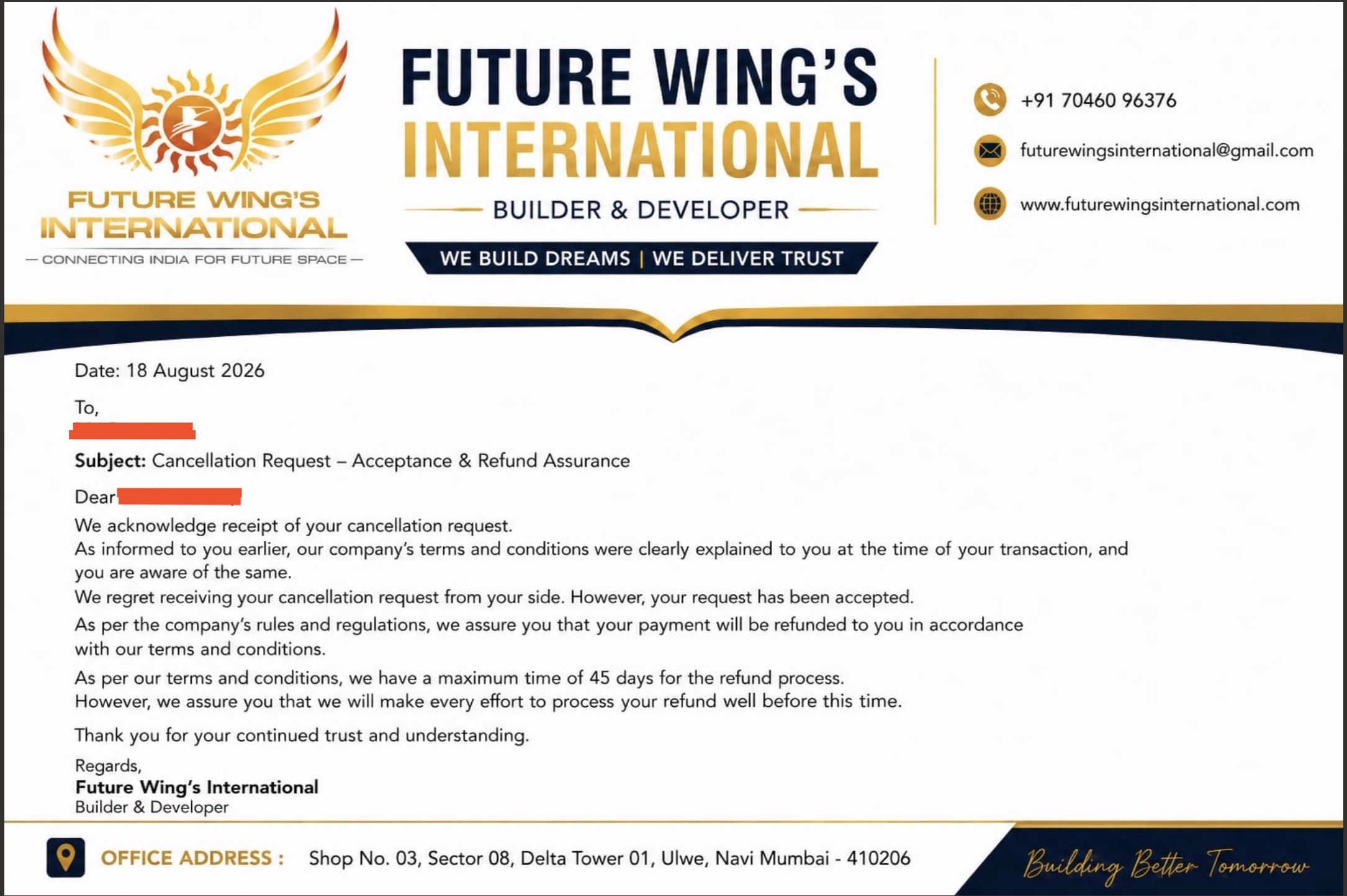 Future Wing's International letter dated 18 August 2026 accepting a cancellation and promising a refund in 45 days