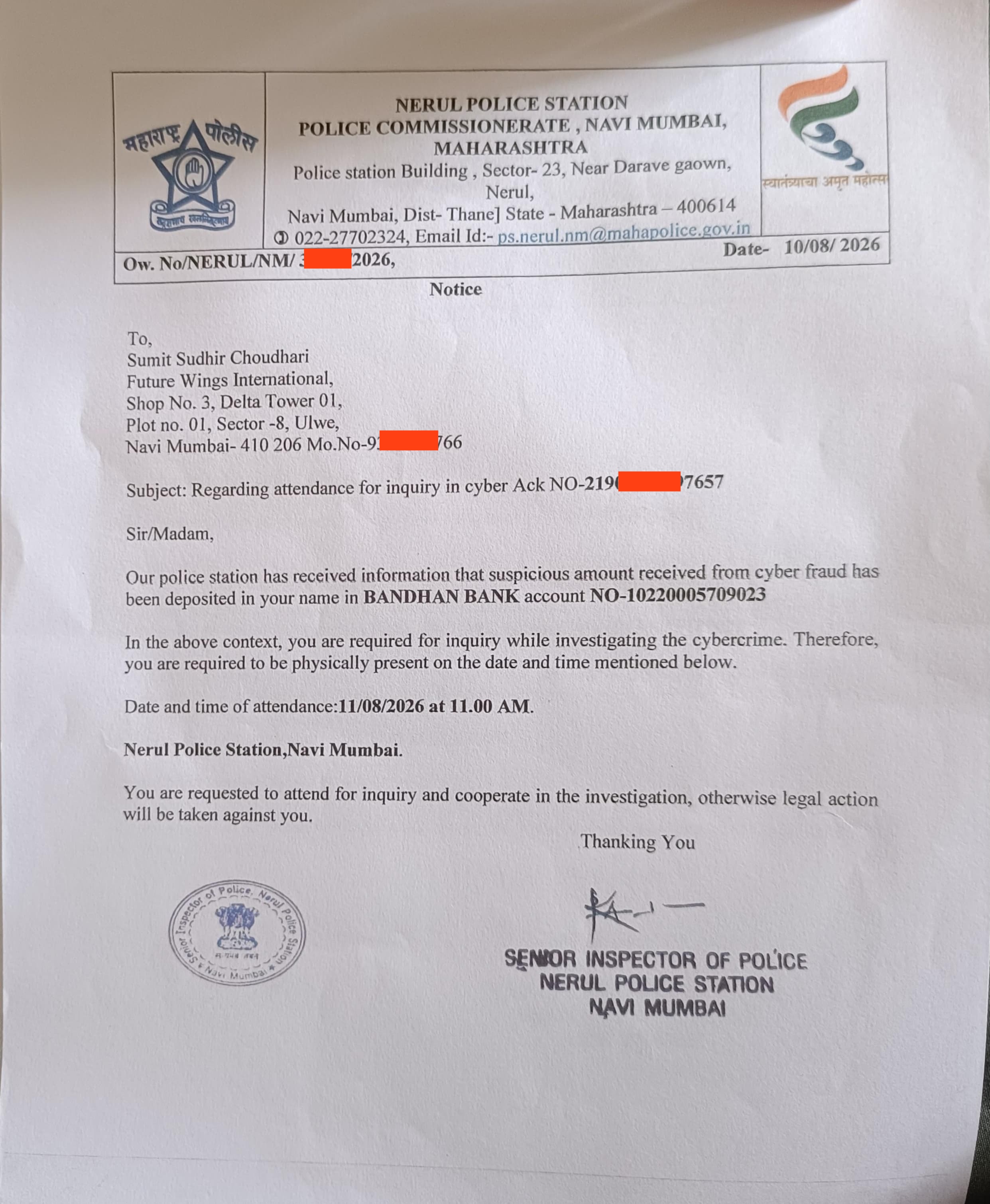 Nerul Police Station notice dated 10 August 2026 calling Sumit Sudhir Choudhari of Future Wings International for a cyber crime inquiry